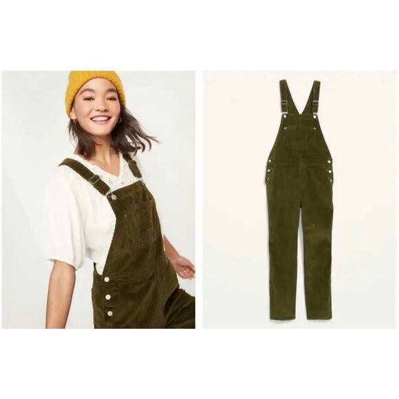 Old Navy Women’s corduroy slouchy straight workwear overalls army green Size 4 - Picture 2 of 11